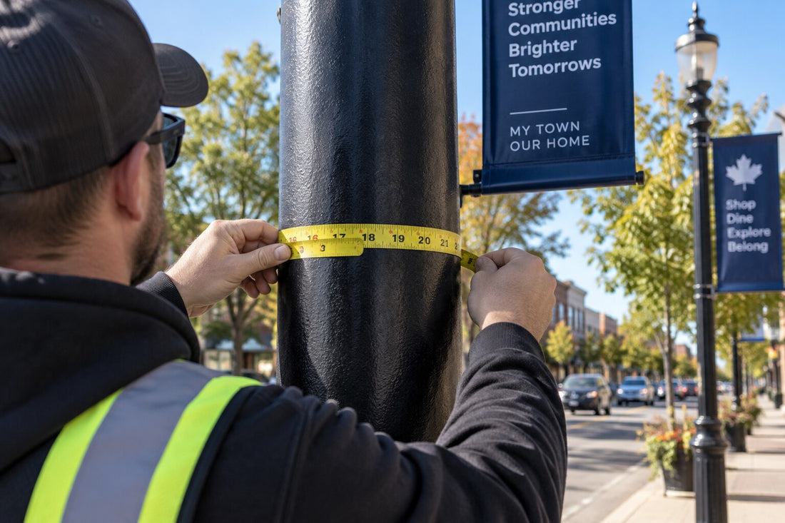 Sign installer measuring the circumference of a light pole before selecting pole banner hardware.