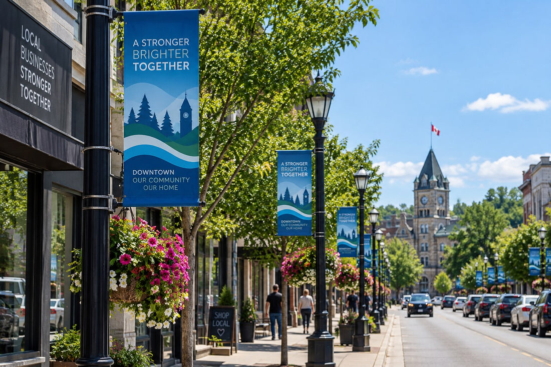 Coordinated municipal and BIA pole banner program along a Canadian downtown streetscape.