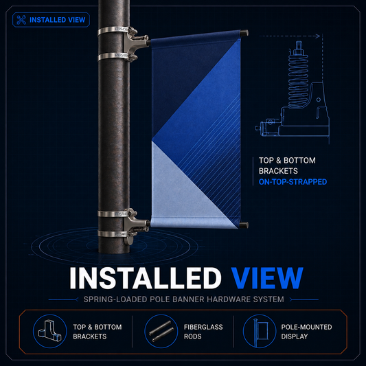 Pole banner hardware installed on a pole, holding a banner