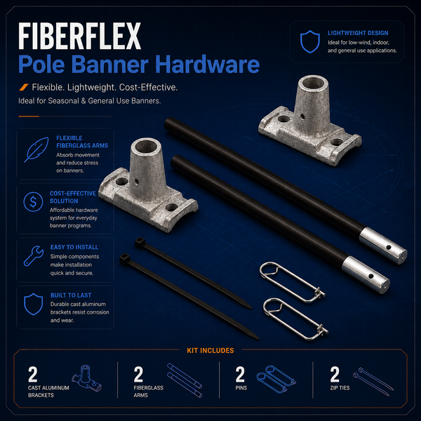 FiberFlex pole banner hardware set — economical cast-aluminum brackets with fiberglass arms