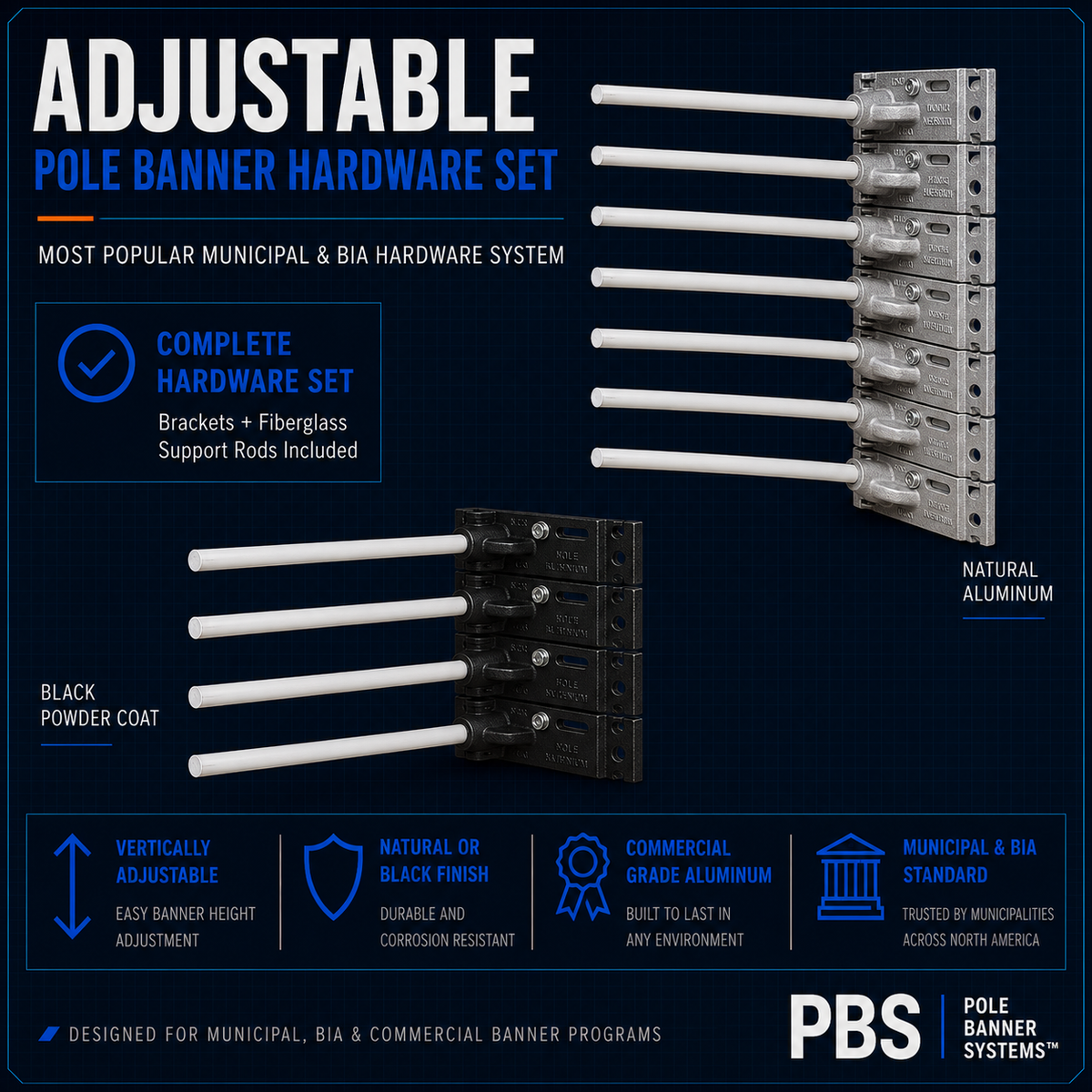 Adjustable pole banner hardware set — two cast-aluminum brackets with pre-installed fiberglass support rods