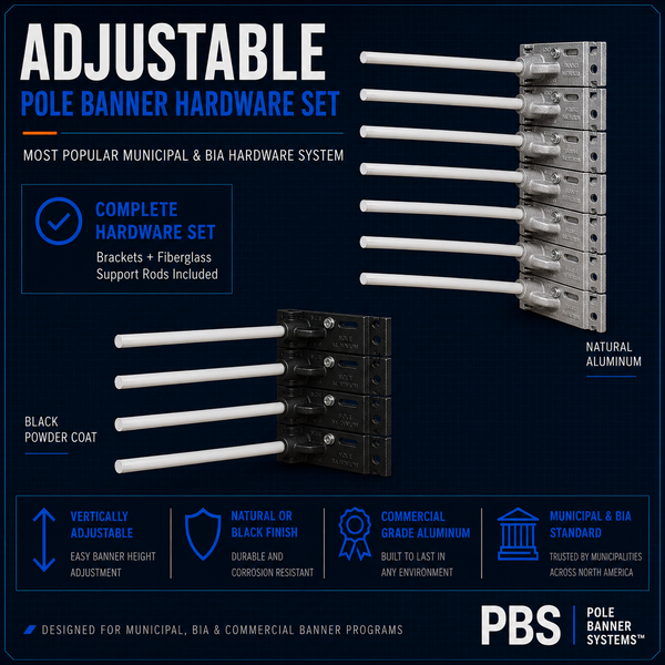 Adjustable pole banner hardware set — two cast-aluminum brackets with pre-installed fiberglass support rods