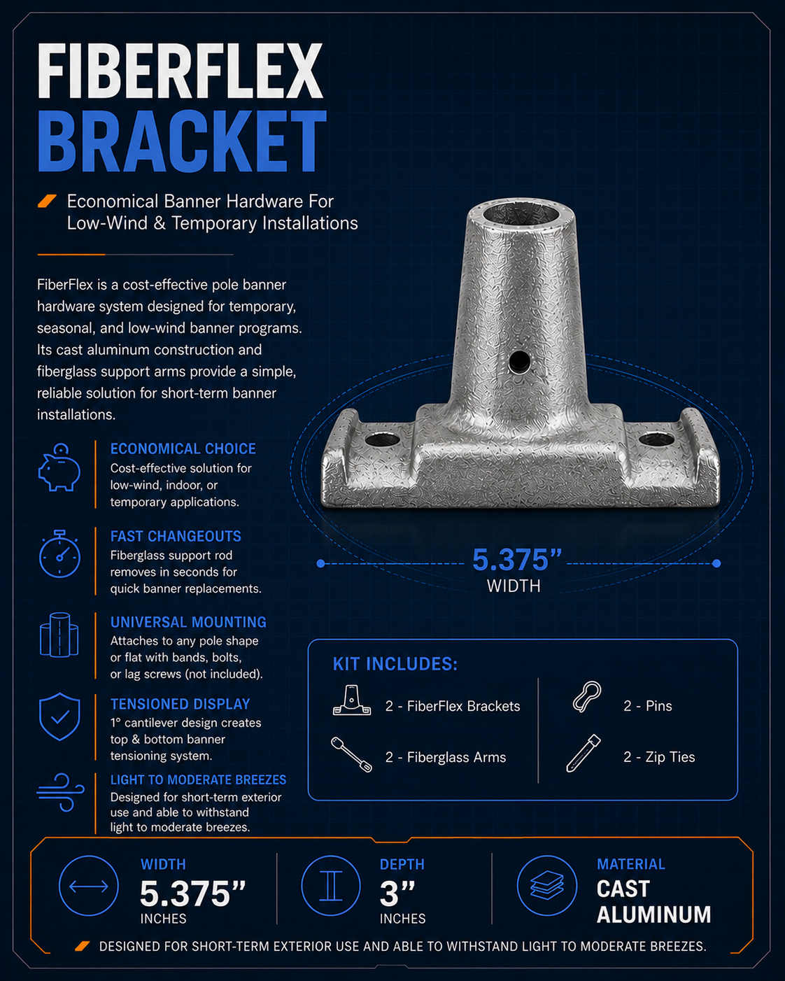FiberFlex bracket front view technical specifications