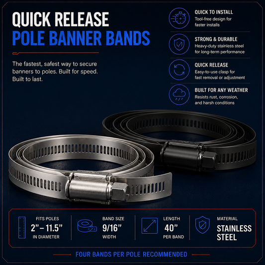 Quick Release Pole Bands — 9/16-inch stainless steel gear bands that secure pole banner hardware to the pole