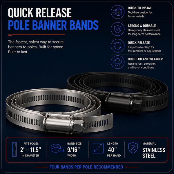 Quick Release Pole Bands — 9/16-inch stainless steel gear bands that secure pole banner hardware to the pole